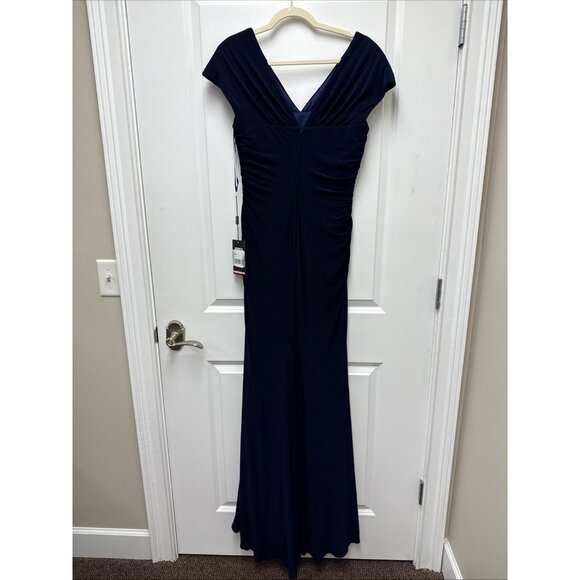 La Femme Womens Size 8 Navy Blue Jersey Evening Gown Maxi Dress Cocktail Wedding - Picture 9 of 12